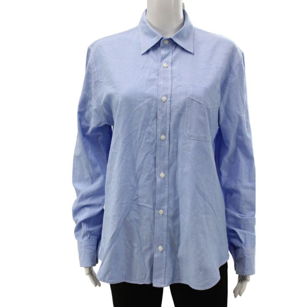 SKU Unisex Adults Basic Button-Up 100% Cotton Collared Long Sleeve Blue Size M